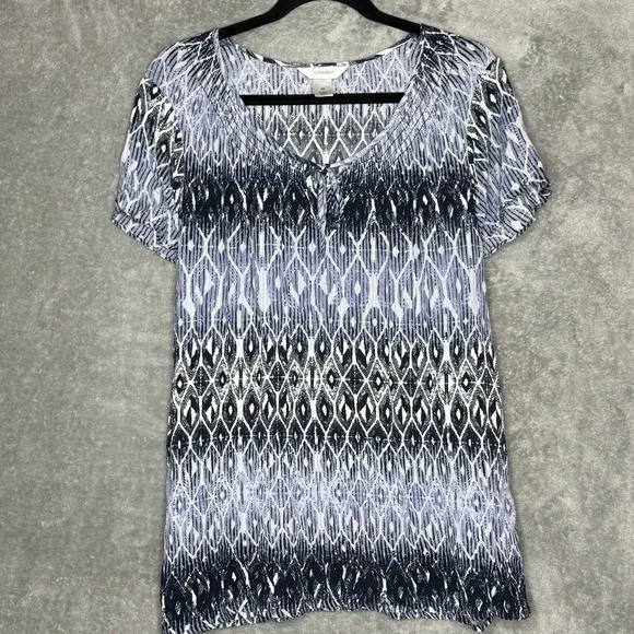 CJ Banks 2X Shirt Top Blue Geometric Short Sleeve Keyhole Scoop Neck Tunic Knit - Picture 1 of 7